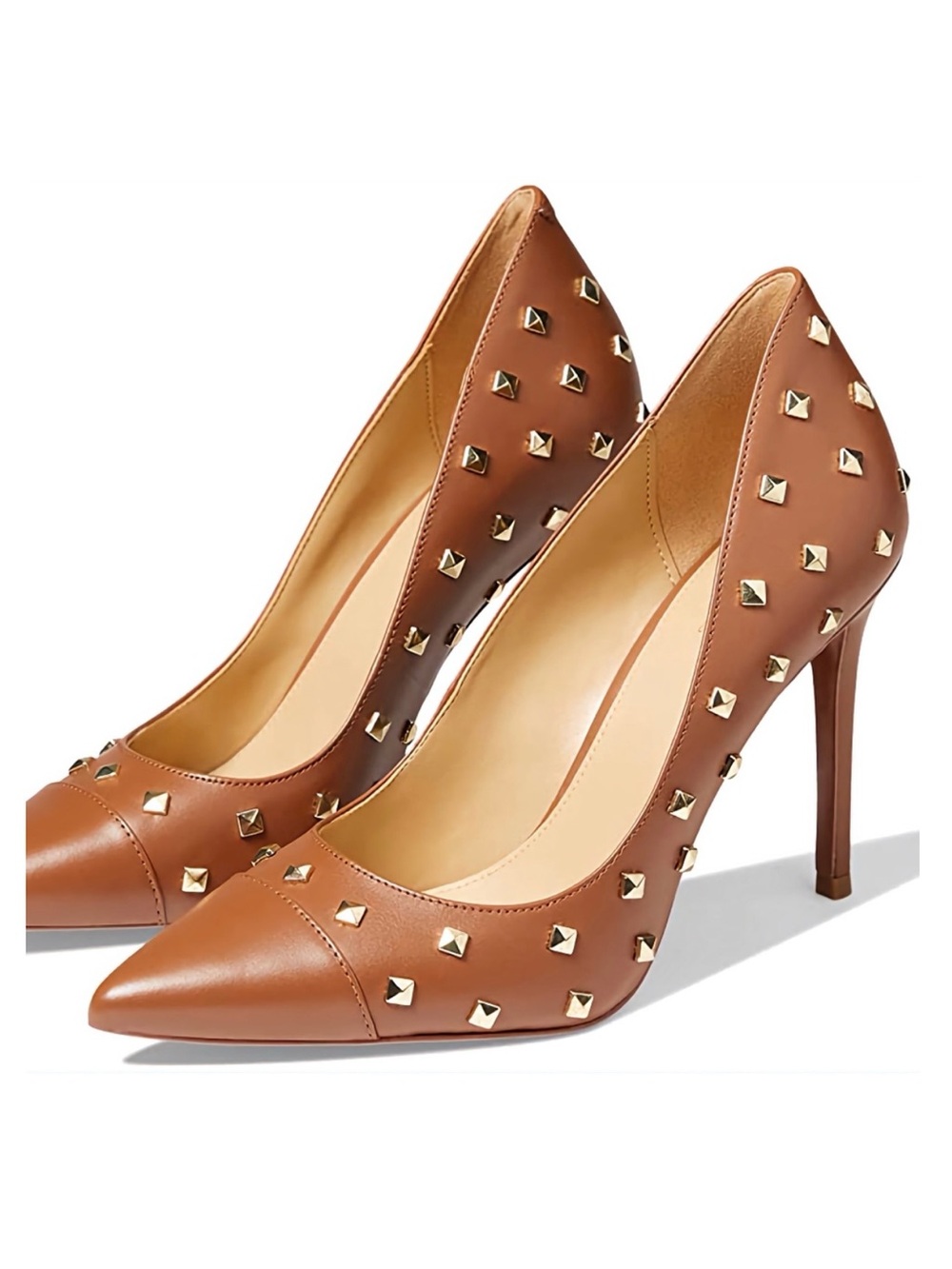 Studded Pointed-Toe High Heel Pumps - Brown